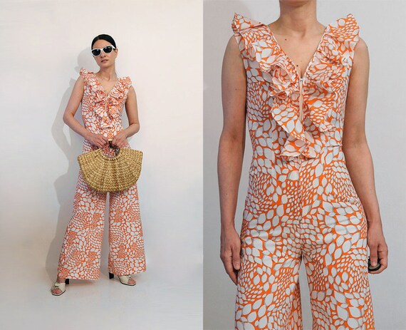 Ruffled Orange Blossom Zip Jumpsuit / Vintage Tang