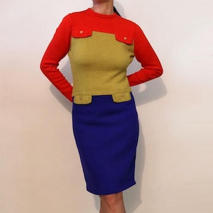 Color Block Wool Knit Dress / Vintage 1980s Scarlett Chartreuse Cobalt Colorblock Wool Knit Patchwork Mini - Midi Dress