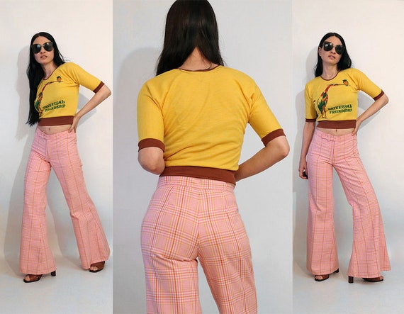 70s Pink Plaid Bell Bottom Pants 29.5x31.5 / Vintage 1970s Pink Orange N  Yellow Plaid Cotton Bellbottom Pants 