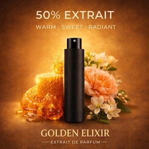 May include: A black perfume bottle with a black cap is centered in front of a honeycomb and flowers. The words "50% EXTRAIT" and "GOLDEN ELIXIR - EXTRAIT DE PARFUM" are displayed in the image. The background is a warm, golden colour.