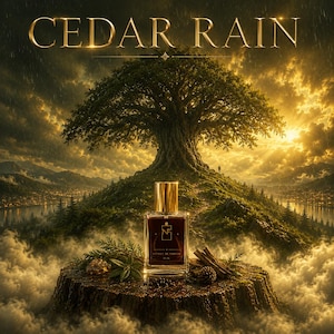 May include: A rectangular glass perfume bottle with a gold cap and dark liquid, labeled CEDAR RAIN, sits on a tree stump. The bottle features the text NF and EXTRAIT DE PARFUM 50 ML. The background shows a large tree on a hill under a golden sky.