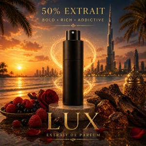 May include: A black perfume bottle with the word "LUX" in gold lettering. The image features a sunset over a cityscape, with a bowl of berries and a rose in the foreground. The text "50% EXTRAIT" is at the top.