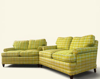 Pair of Vintage 1975 Swaim Loveseats in Original Geometric Upholstery & Down Feather Cushions