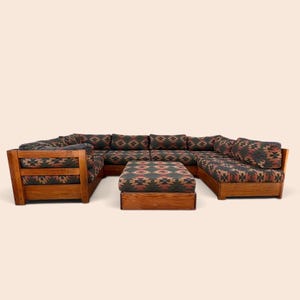 Vintage 1970s Solid Oak Modular 7pc Conversation Pit Sofa, Southwestern Upholstery