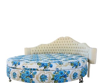 Vintage 1979 Round Bed with Tufted Watered Silk Ivory Headboard, Blue Floral Original Upholstery, Hollywood Regency