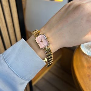 Rectangle Watch for Women, Adjustable Metal Band Gold Women Watch, Vintage Design, Present for Her, Gift for Her, Pink Dial, Trendy Watch