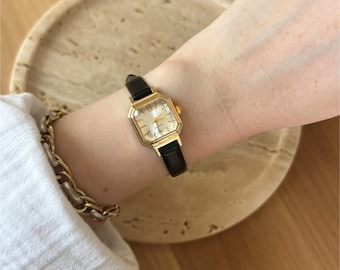 Vintage Style Square Watch – Gold Tone, Black Faux Leather Strap