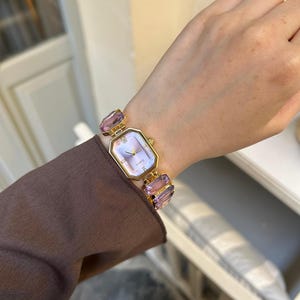 Pink Gemstone Women’s Watch, Elegant Vintage Bracelet Watch, Gold Quartz Ladies Wristwatch, Gift for Her, Vintage Inspired Ladies Watch