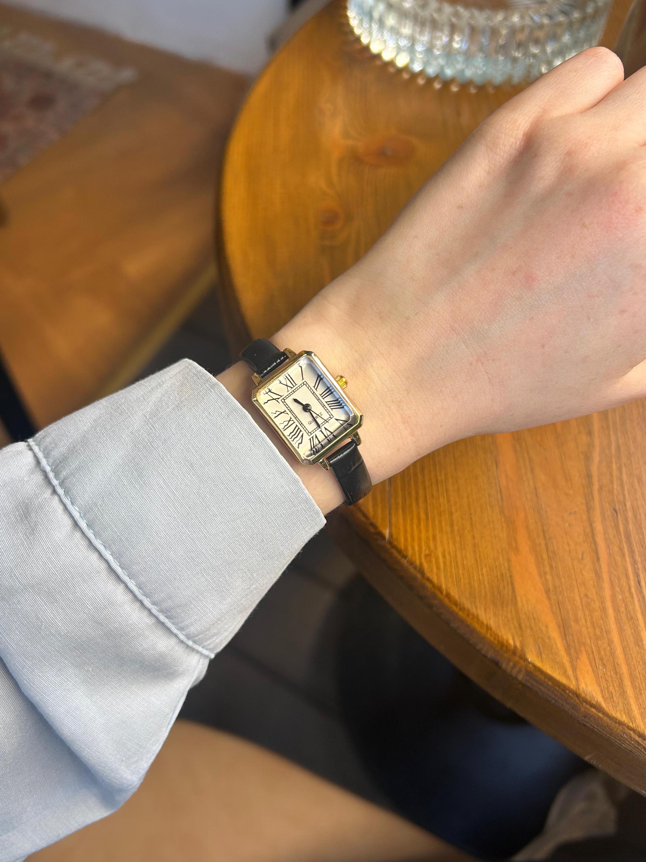 Rectangle Black Colour Woman Wrist Watch, Leather Strap Watch, Vintage ...