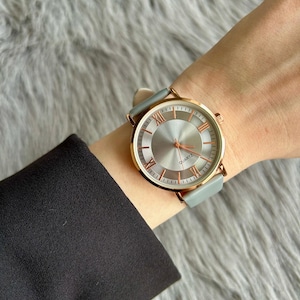 Grey Colour Round Woman Wrist Watch, Leather strap watch, Vintage Design, Present for Her, Gift for Her, Grey Dial, Faux Leather,