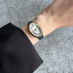 Dark Blue Colour Round Woman Wrist Watch, Leather strap watch, Vintage Design, Present for Her, Gift for Her, White Dial, Roman Numeral