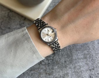Silver Women's Watch, Steel Strap, Minimalist Quartz, Gift for Her