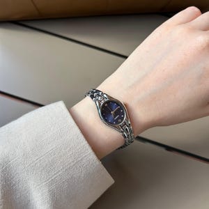 Vintage Silver Watch: Blue Dial, Adjustable Metal Band