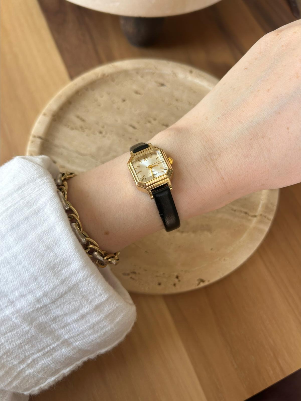 Classic Gold-Tone Square Watch with Black Strap Rado Square Dress Watch | Gold Plated | Black Dial | Quartz  main image 2
