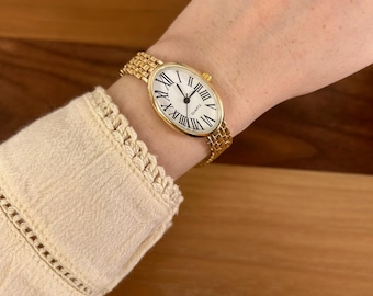 Gold Oval Women's Watch, Vintage Style Roman Numeral Wristwatch, Minimalist Dainty Gold Bracelet Watch, Adjustable Gift for Her