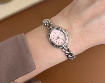 Vintage Style Silver Watch: Pink Dial Minimalist Women's Steel Band