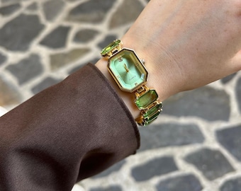 Green Gemstone Bracelet Watch: Vintage Gold Ladies Wristwatch