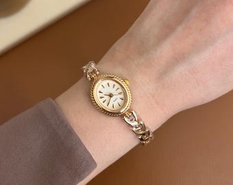 Vintage Style Gold Watch, Adjustable Metal Band, Minimalist White Dial