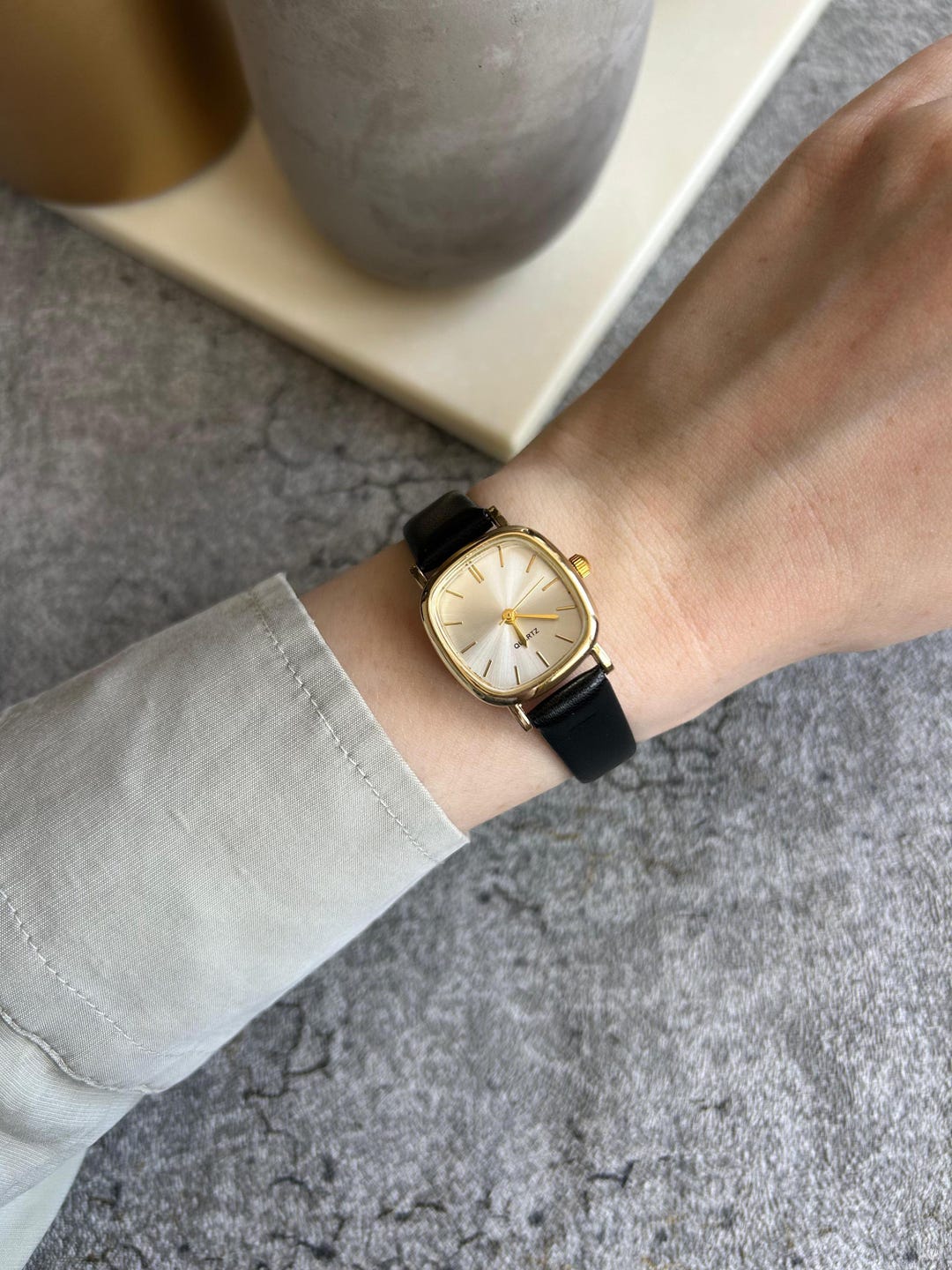 Black Leather Small Dial Watch - Gold Women