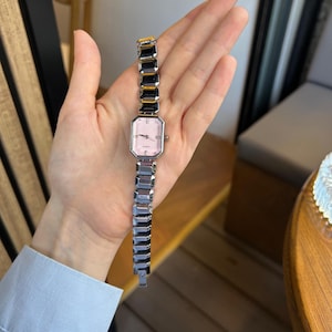 Rectangle Watch for Women, Adjustable Metal Band Silver Women Watch, Vintage Design, Present for Her, Gift for Her, Pink Dial, Trendy Watch