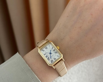 Leather Wristwatch, Gold Rectangular Watch for Women, Roman Numeral Dial, Gift for Her