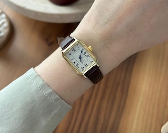 Gold Rectangular Watch for Women, Dark Brown Leather Strap, Vintage Style Tank Watch, Roman Numeral Dial, Blue Hands, Classic Ladies Gift