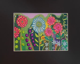 Purple,garden, flowers, abstract drawing, illustration markers, colorful art, bluebirds, one of a kind, original art, cat art,  black mat,