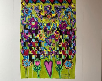 Paper weaving, hearts and flowers, abstracted art, weaving from an ink drawing