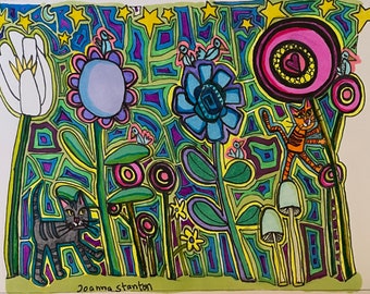 Abstract cats, bluebirds, flowers, garden, small art, drawing, illustration markers, mushrooms, original art, one of a kind, colorful art