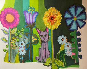 Cat art, ink drawing, flower garden, colorful, fun drawing