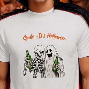 Funny Halloween Shirt, Skeleton and Ghost Tee, Smile... It's Halloween, Unisex Cotton Tee. Spooky  Graphic Shirt,  Ghost Lover Gift.