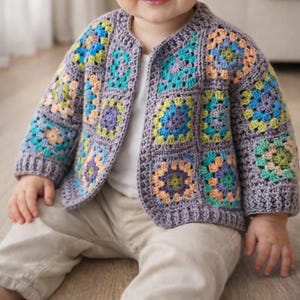 Handmade Granny Square Baby Cardigan, Grey Cotton Crochet Sweater, 3-6 Months Colorful Motif Jacket, Soft Boho Infant Gift, Buttonless Coat