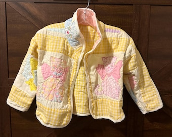 Handmade Vintage Quilt Jacket | Yellow, Blue & Pink Patchwork, Appliqued Kittens (Size 3T)