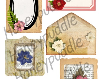 Pressed Flowers Digital Collage sheet, No.2 Florals, Botanical,  Nature inspired, Labels, Journal, envelope seals, ephemera digital download