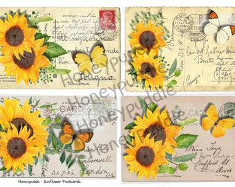 Sunflowers, Printable Postcards, Collage sheet, Yellow Flowers, Butterflies, ephemera, Junk Journal, digital download, Junk Journal