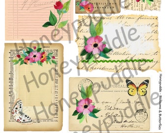 Journal cards, Nature inspired, Flowers, Butterflies, Ladybirds, Ladybugs, Printable ephemera digital download, printable, cardmaking