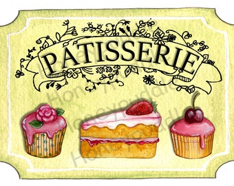 Patisserie Sign, Art Print, A4 Wall Art, Cake shop, French Art Print, Printable Gift, Printable art,  Colourful wall art,  Kitchen Decor