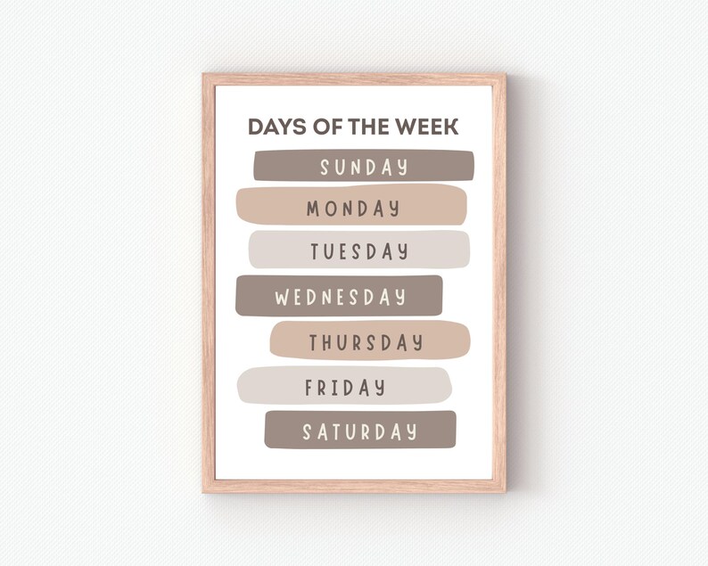Days of the Week Poster: Earth Colors, Montessori Classroom Decor ...