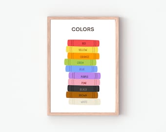May include: A printable poster with the word "COLORS" at the top and a stack of colorful books with the color name written on each book. The colors are red, yellow, orange, green, blue, purple, pink, black, brown, and white.
