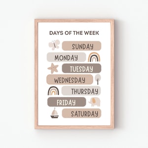 Poster dei giorni della settimana, poster educativo, decorazioni per l'aula, poster Montessori, download digitale, decorazioni per la cameretta dei bambini