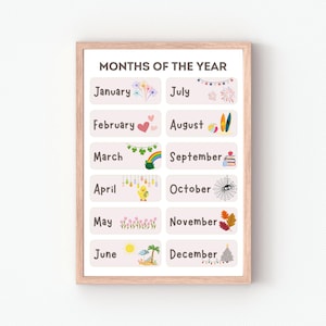 Póster de los meses del año, póster educativo, decoración del aula, póster Montessori, descarga digital, decoración de habitaciones infantiles