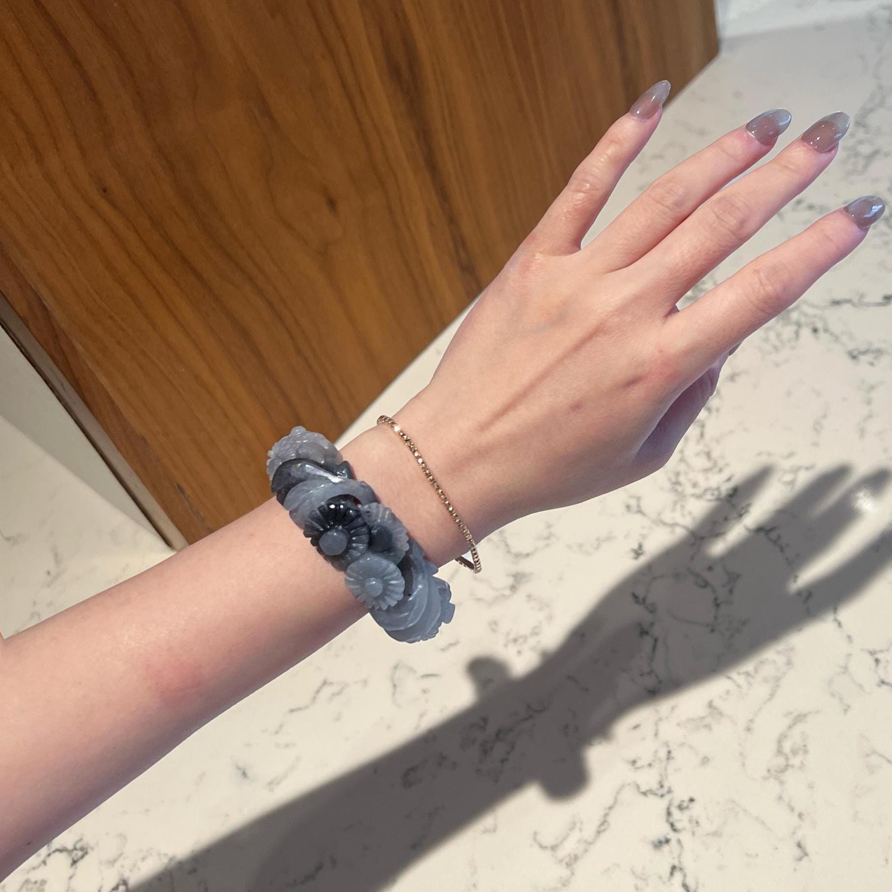 Jade Bangle – Midnight Blossom Daisy Bracelet in Clear Mongolian Jade