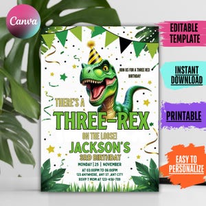 Dinosaur Birthday Invitation, Editable Three Rex Birthday Invite, Boys Third Birthday Dino Party, Three-Rex On The Loose,
