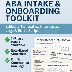 May include: An ABA Intake & Onboarding Toolkit graphic with the title in large, dark blue letters. The image includes the text "Editable Templates, Checklists, Logs & Email Scripts." Additional text highlights a 3-Phase Intake Workflow, Role-Based Checklists, and Family Communication Logs.
