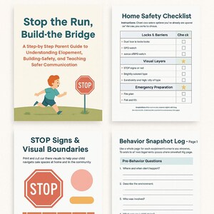May include: Printable tools to help keep children safe. This set includes a guide to understanding elopement, building safety, and teaching safer communication. It also includes a home safety checklist, visual boundaries, and a behavior snapshot log.