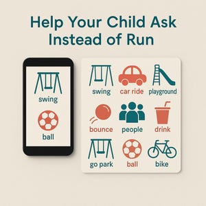May include: A visual aid for helping children learn to ask instead of run. The image shows a smartphone with icons for swing, ball, and a playground. The second image shows icons for swing, car ride, playground, bounce, people, drink, go park, ball, and bike.