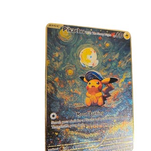 May include: A gold foil Pokemon trading card featuring Pikachu with a starry night background. The card text reads "BASIC Pikachu With The Starry Night 60 Moon Bathing Search your deck for a Pikachu and put it into your hand. Then shuffle your deck."