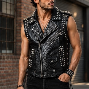 Men's Black Studded Real Leather Vest, Snakeskin Embossed Biker Cut, Gothic Punk Rock Waistcoat