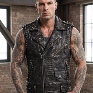 Men's Black Studded Real Leather Vest, Snakeskin Embossed Biker Cut, Gothic Punk Rock Waistcoat