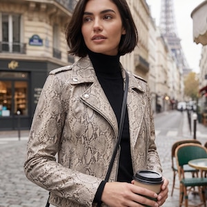Women's Genuine Leather Snakeskin Moto Jacket | Python Print Slim Fit Biker Coat | Stylish Outerwear